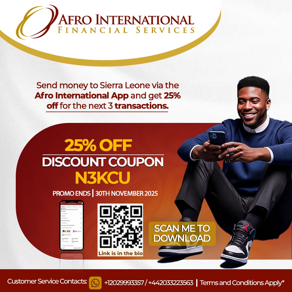 25% off Money Transfer Fees - Next 3 Transactions - mailchi.mp/afroint/25x3-o…

#sierraleone #sierraleoneans #salone #sierraleonean #sierraleone #AfroMobileMoney #AfroInternational #fastandsecure #MoneyTransfer