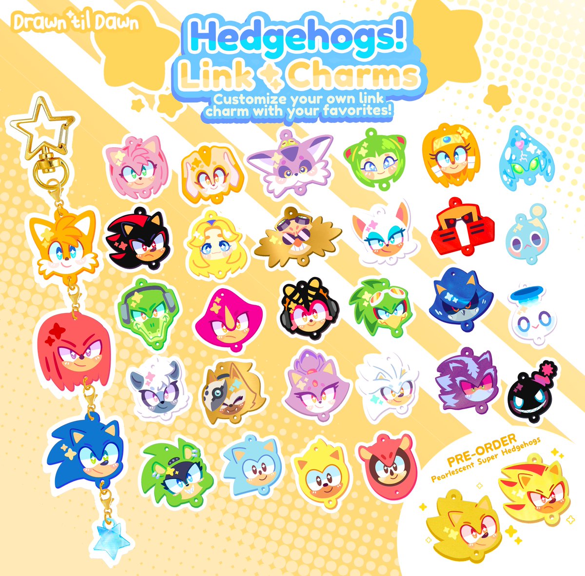 DrawnTilDawn's tweet image. Here&apos;s a look at all of the Hedgehog Link Charms I&apos;ll have available starting tomorrow! 🦔💙