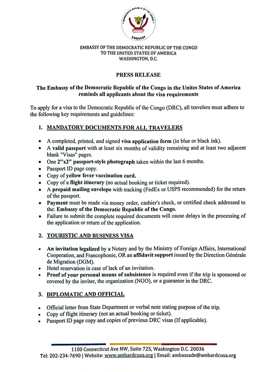 AmbaRdcongoUsa's tweet photo. If you are planning to travel to Congo, please take a moment to read the visa requirements! 
#DRCVisa
#UpdateVisa https://t.co/Q5wmZtIFMH