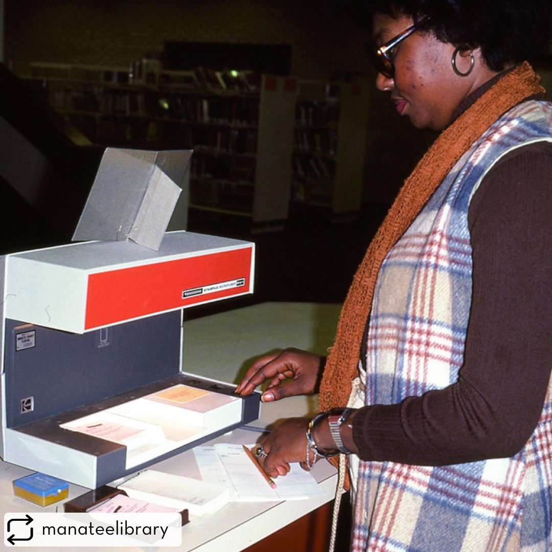 Repost <a href="/manateelibrary/">Manatee County Public Library System</a> : Throwback to 1979! Shown here is Sherry Lincoln processing a new library card at Central Library...the old-school way with a photographic machine known as a Recordak.