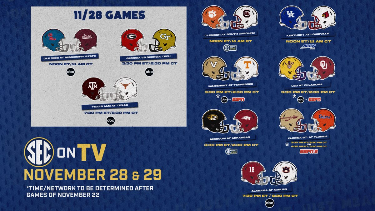 📺 #SECFB on TV: Thanksgiving Weekend

Updates: SECsports.social/fbtv1117