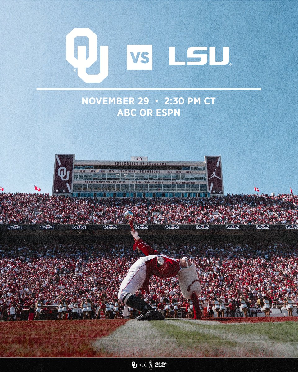 OU_Football's tweet image. Afternoon kick for the regular season finale at The Palace 🗓️

🕝 2:30 PM
📺 ABC or ESPN