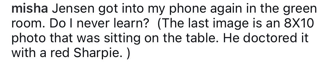 “I’m Misha Collins and I’m best friends with Jensen Ackles who steals my phone and manages to look gorgeous even when he’s taking silly selfies and I have hundreds of unseen pictures of him just sitting on my phone” man FUCK you