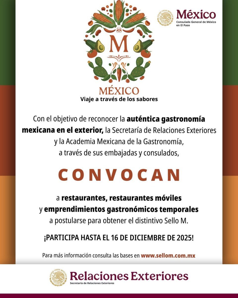 Más que un sello, es un reconocimiento de nuestras raíces.

Participa en la convocatoria del #SelloM: sellom.com.mx 🇲🇽🍽

#DiplomaciaTurísticaMX   #DiplomaciaGastronómicaMX