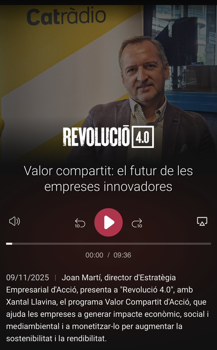 Les empreses amb futur compten amb un #propòsit consistent on l’impacte econòmic, social i mediambiental van de la mà. Parlem de #valorcompartit a <a href="/CatalunyaRadio/">Catalunya Ràdio</a> moltes gràcies <a href="/Xantallavina/">Xantal Llavina Aguilar</a> #RevolucióCatRàdio 3cat.cat/3cat/valor-com… cc <a href="/accio_cat/">ACCIÓ</a>