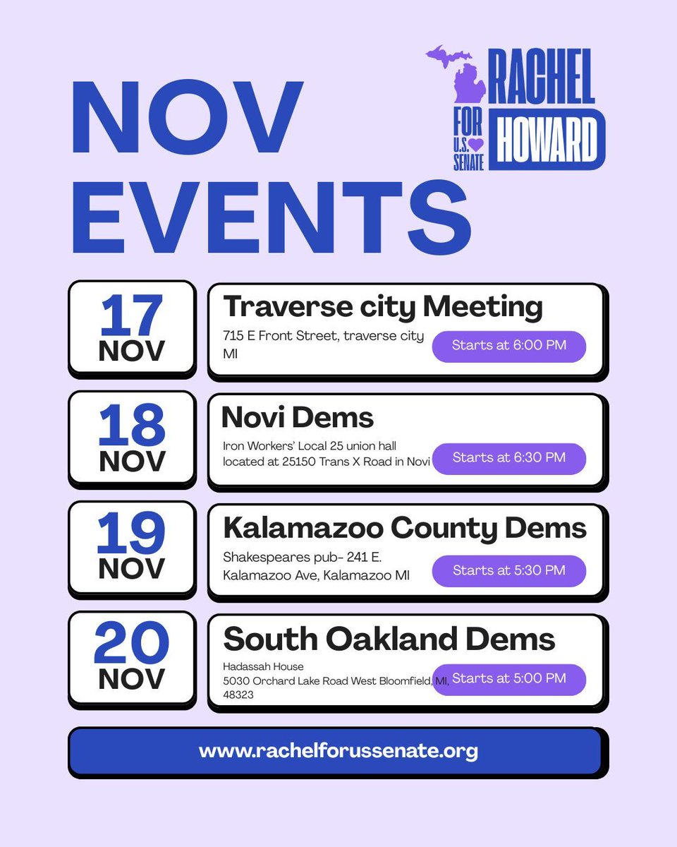 RachelForSenate's tweet image. November Events to watch out for this week! 📆

#RachelForSenate #MakeMichiganVoicesMatter #Michigan  #USSenate #TeamRachel