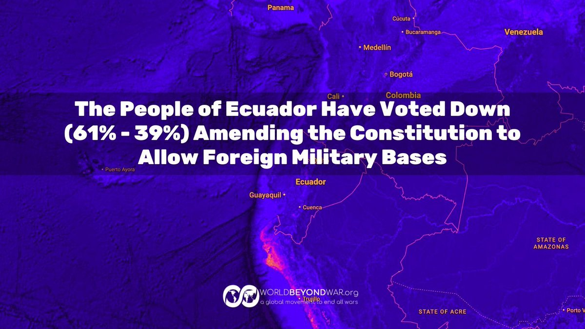 WorldBeyondWar's tweet image. Ecuador says NO to foreign military bases. ✌️ Bye bye, U.S. bases. worldbeyondwar.org/ecuador-reject…