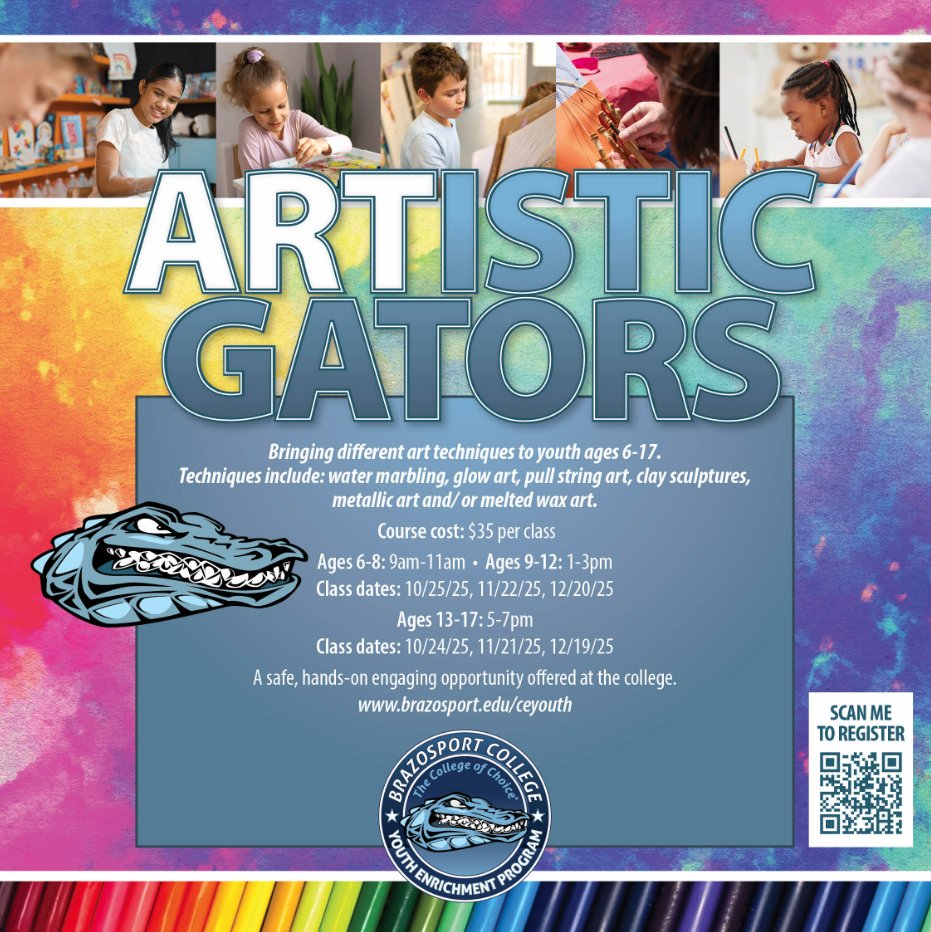 BCgators's tweet image. Don&apos;t miss our ARTistic Gators Youth Enrichment Program!

Students will explore new art techniques, try bold designs, and express themselves through painting, drawing, and mixed media.