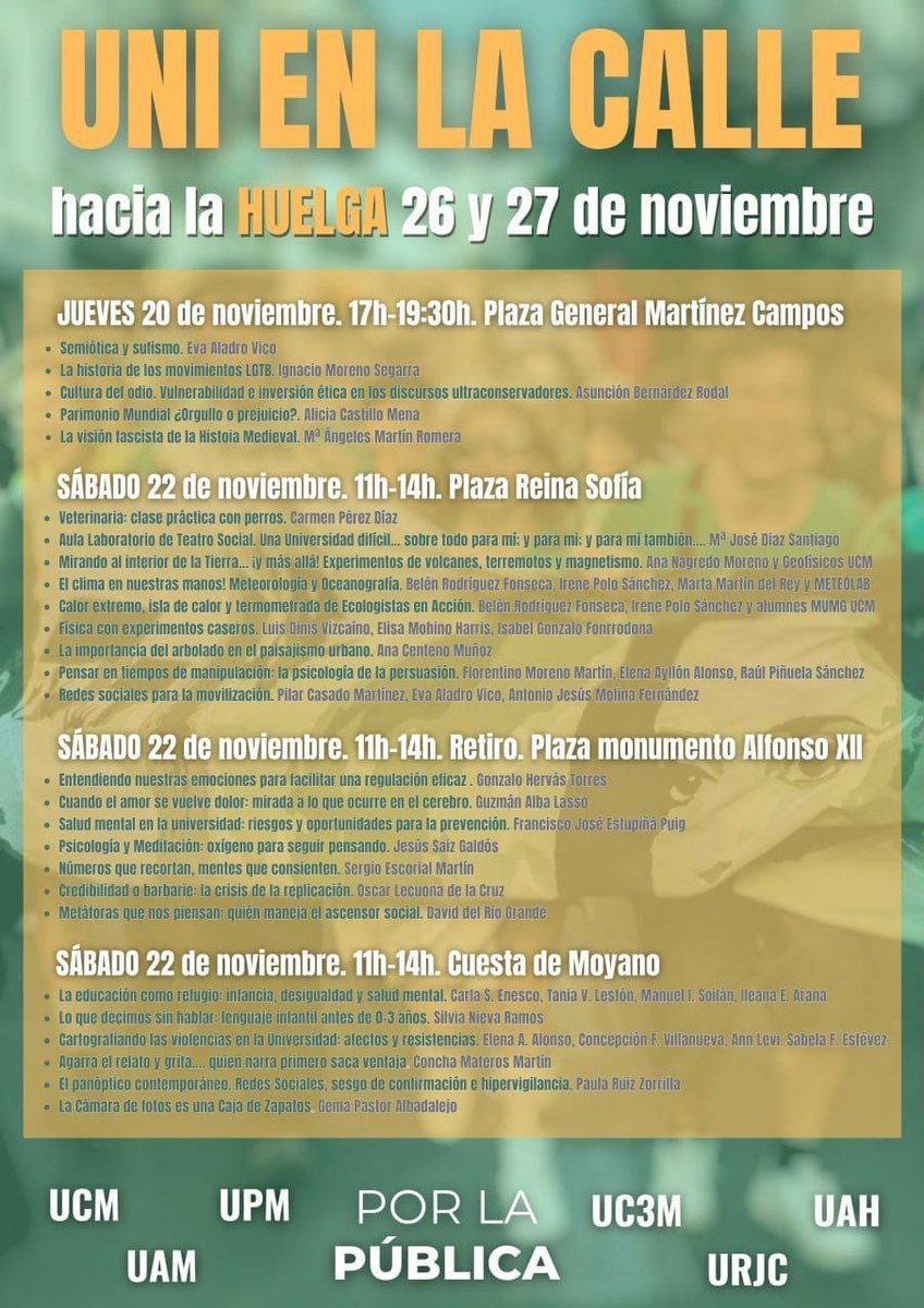 La ciencia no descansa en fin de semana, ¡sale a la calle!
Este sábado 22 de 11 a 14 varias/os docentes de <a href="/UCM_Psico/">PsicologiaΨUCM</a> y de otras facultades de la <a href="/unicomplutense/">Complutense</a> estaremos dando charlas en distintos puntos de Madrid. A mi me ha tocado el Retiro, así que ya sabéis. Paso lista! 😜