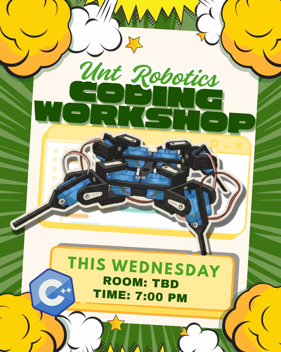 UNTRobotics's tweet image. Please check our Discord for updates on the room location!!

UNT  Robotics is holding a general meeting this Wednesday from 7-9 PM in  Discovery Park! We will be coding this robotic quadruped using C++ !  This workshop is open for all students, no experience required!