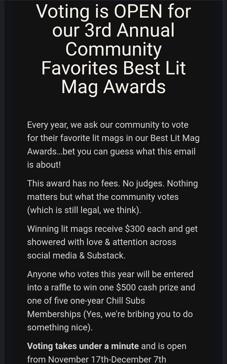 Vote for Stanchion! Please &amp; Thank you 🖤🤍❤️

chillsubs.com/best-lit-mag-a…

<a href="/chillsubs/">Chill Subs</a>