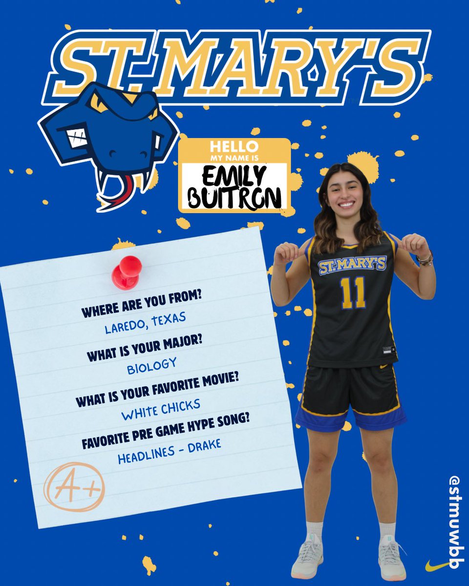StMUwbb's tweet image. Get to know a new member of our family! Here is our freshman guard Emily Buitron! 💙🤩

#FangsOut 🐍 | #EarnIt 🦾