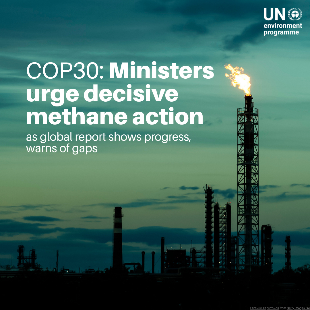 UNEP's tweet image. Cutting methane is one of the fastest, cheapest ways to slow warming. The latest Global Methane Status Report shows the 30% by 2030 goal is still within reach, but action must accelerate: unep.org/news-and-stori…