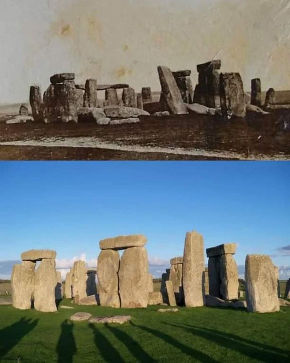 Set on the windswept plains of Salisbury in southern England 🏴󠁧󠁢󠁥󠁮󠁧󠁿, Stonehenge took shape between 3000-1500 BC, evolving through multiple phases of Neolithic and Bronze Age construction. The upper photograph, showing the monument in its pre-restoration state during the 19th Century,