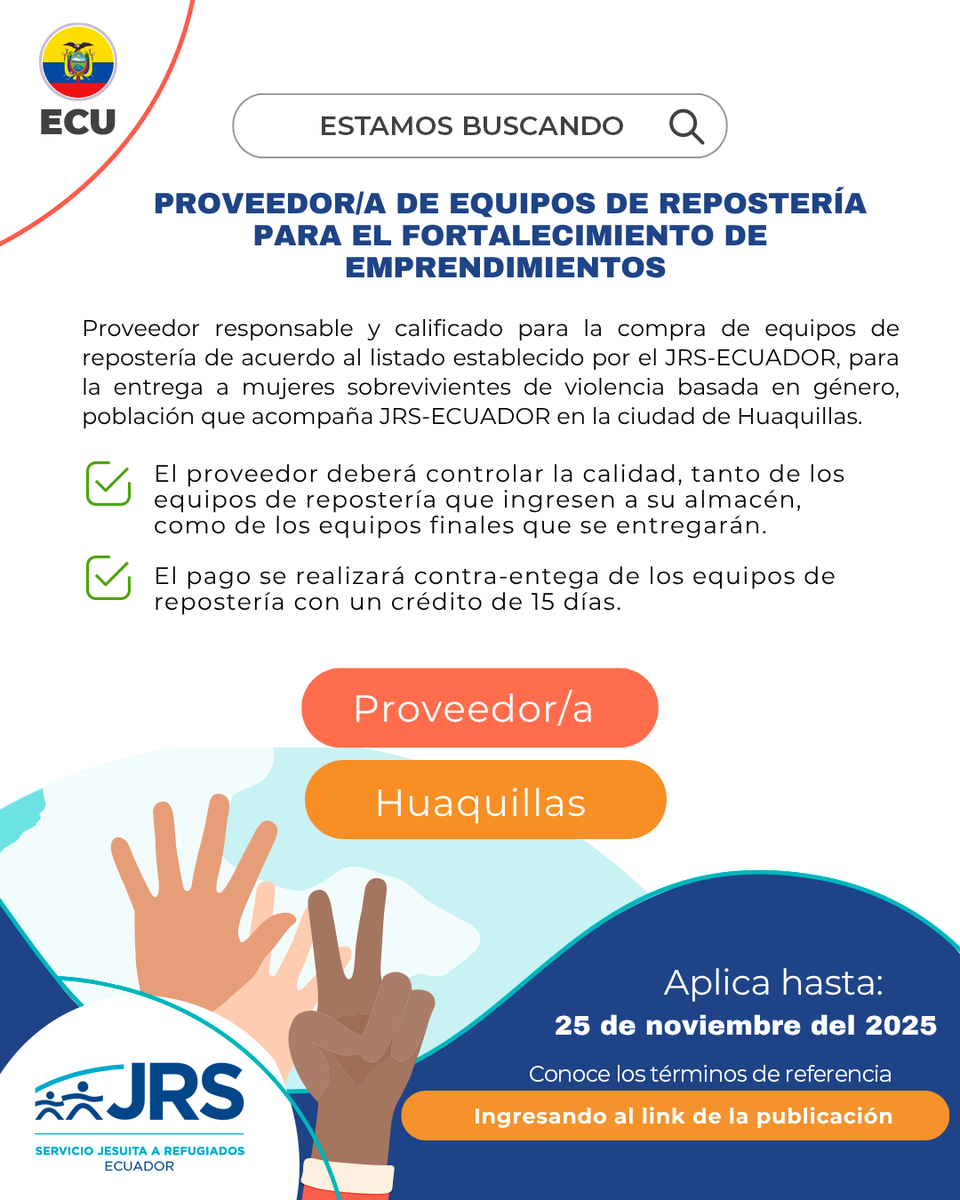 #Convocatoria 🇪🇨 | Proveedor/a de equipos de repostería para el fortalecimiento de emprendimientos - Huaquillas 

🗒Revisa los Términos de Referencia: acortar.link/KWXGtW 

⏰Envío de propuestas hasta: martes, 25 de noviembre 2025, 17:00.