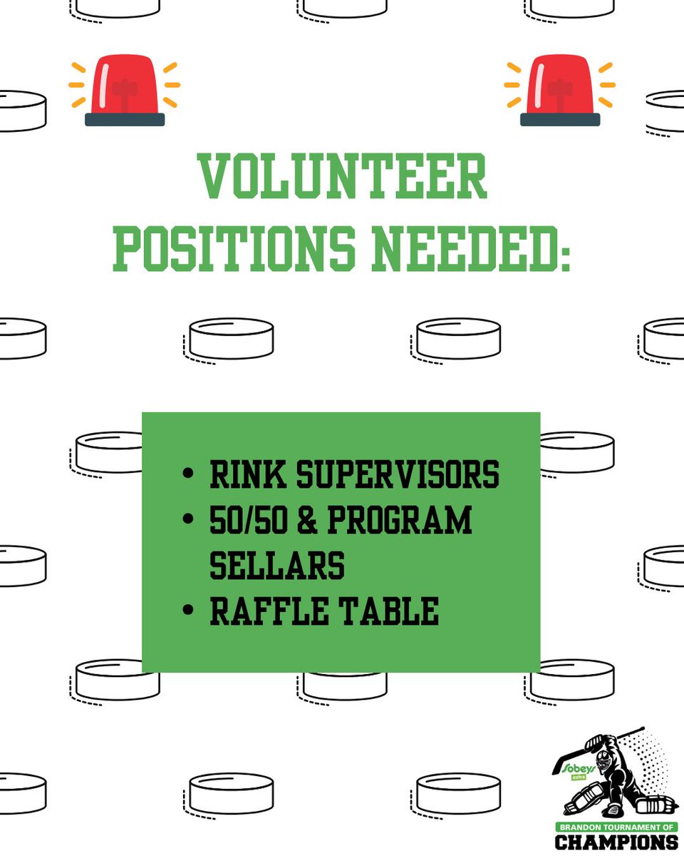 Calling all hockey enthusiasts! We are seeking volunteers for the upcoming Tournament of Champions in February. If you're interested, please reach out to the Hockey Brandon office via phone or email for more details! Any kind of support is much appreciated!