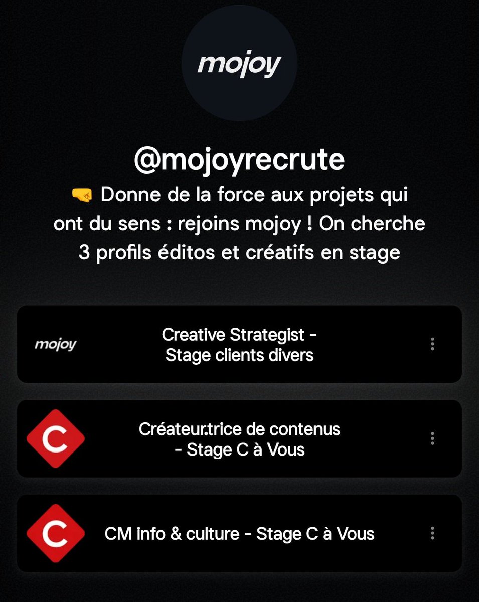 #Offre #Stage #Médias #SocialMedia

Mojoy recherche 3 pépites :
- 2 chez #CàVous
- 1 nouvelle offre pour différents clients.

Merci d'avance pour vos partages 😃