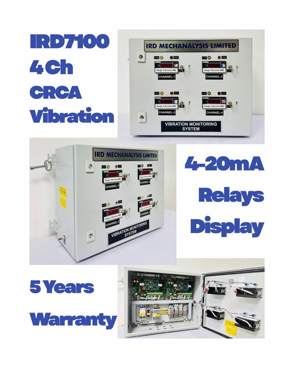 IRDMechanalysis's tweet image. This Transmitter will do 24x7 Machinery Vibration Monitoring without any problem. 4 channels in CRCA enclosure. Fully pre-wired. Results can be taken to DCS/PLC/SCADA/Cloud. Relays can be used for protection #IRD7100 #conditionmonitoring #vibrationmonitoring