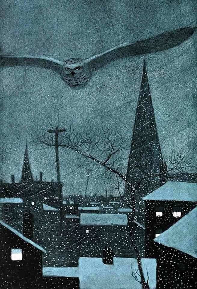 End of Day 🌑
•
Night Owl on a Winter Eve Flight (1925)
Charcoal and watercolour 
Walter King Stone (1875-1949)