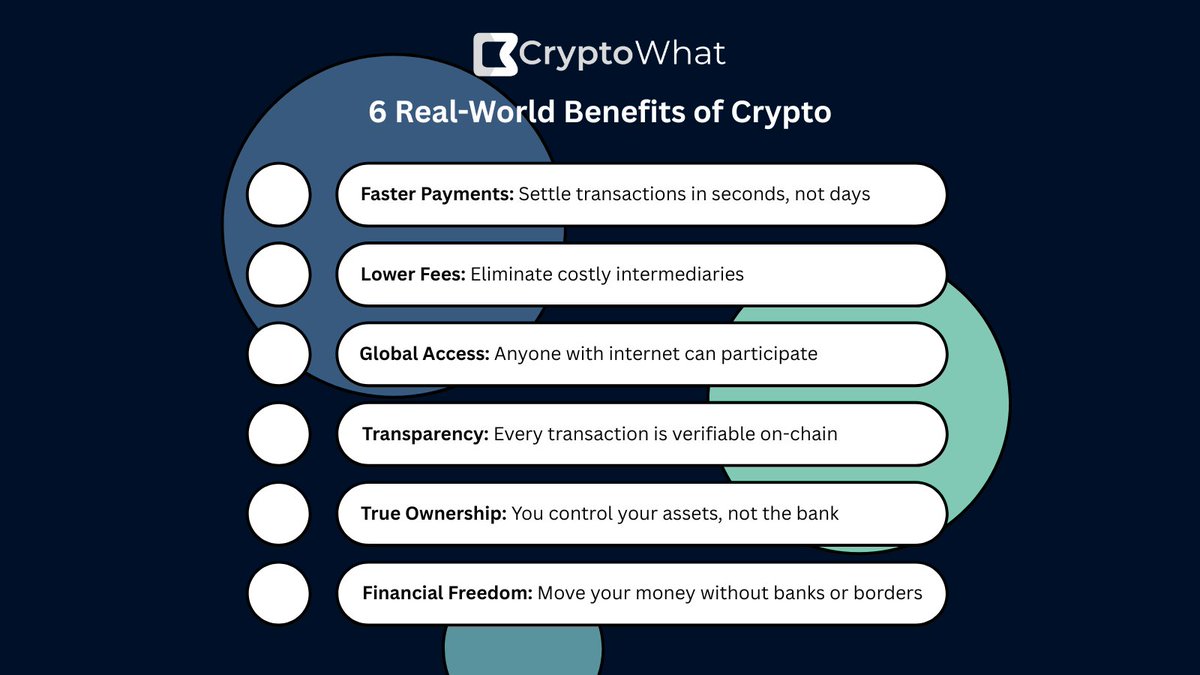 cryptowhat_'s tweet image. Crypto isn’t hype — it’s real-world utility.
Here are 6 benefits changing how the world moves value. 🌍 #CryptoEducation
#BlockchainTechnology
