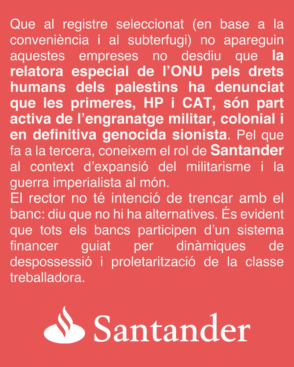 ⏩Comunicat de la campanya CAROT, PROU COMPLICITAT: front la manca de transparència, autocrítica i actuació del rectorat, denunciam que la UIB blanqueja empreses que col·laboren amb el sionisme.

❌Santander, Palma Aquàrium, HP, CAT i el negoci de la guerra fora de la UIB!