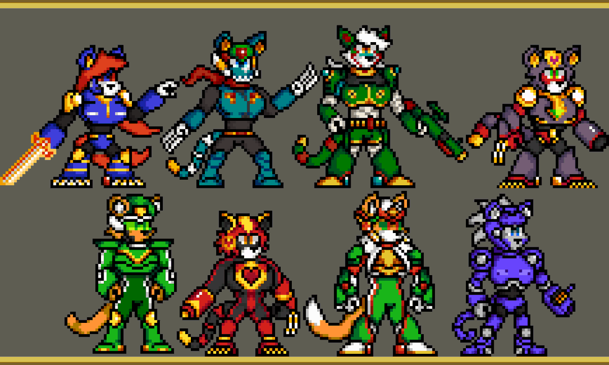 AbsoluteBoom96's tweet photo. My collection of Mega Man OCs which I call "The Wild Valkyries"
Each represent a saga of the Mega Man series.
So Classic - X - Zero - ZX, etc.
#pixelart #pixelartist #pixelcharacters #megaman #originalcharacterart #originalcharacters https://t.co/sGZslwLUW0