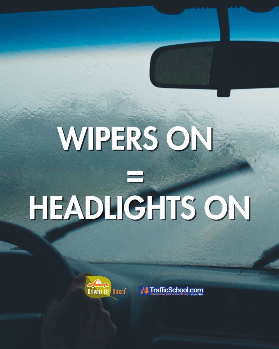 DriversEdDirect's tweet image. 🌧️ Rainy Day Reminder!
In California, if your windshield wipers are on, your headlights must be on too. It’s the law — and it helps other drivers see you in wet, gloomy weather.

Small visibility habits like this keep everyone safer on the road.

#RainyDays #DriveSafe