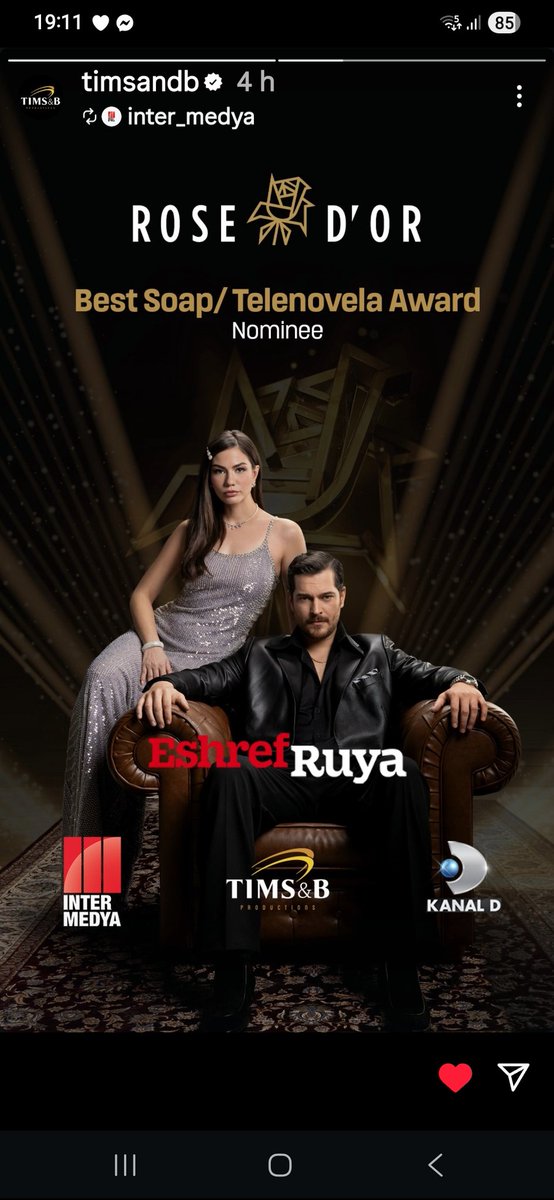 #EṣrefRuya  protagonizada por #DemetÖzdemir y #CağatayUlusoy  nominada a los premios Rose d'Or como mejor telenovela. La ceremonia de entrega tendrá lugar el próximo 1 de diciembre
