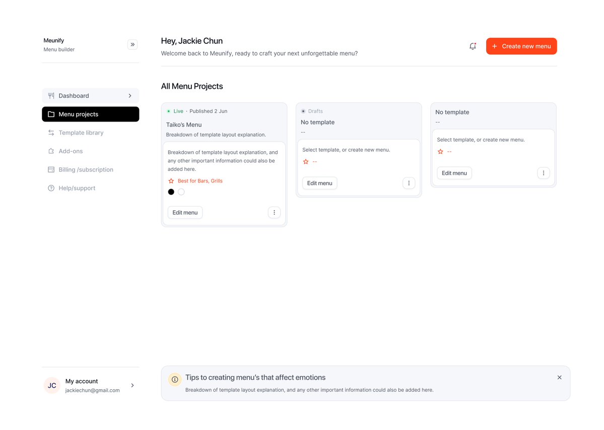 chizurumofnara's tweet image. Updates on @menuify

Building out dashboard flows, creating menus, menu previews, customizing template menu&apos;s. Next would be drafting various template directions, so users can have a wide range to select from, they menu building from scratch.
#buildinpublic @aydahnizzy
