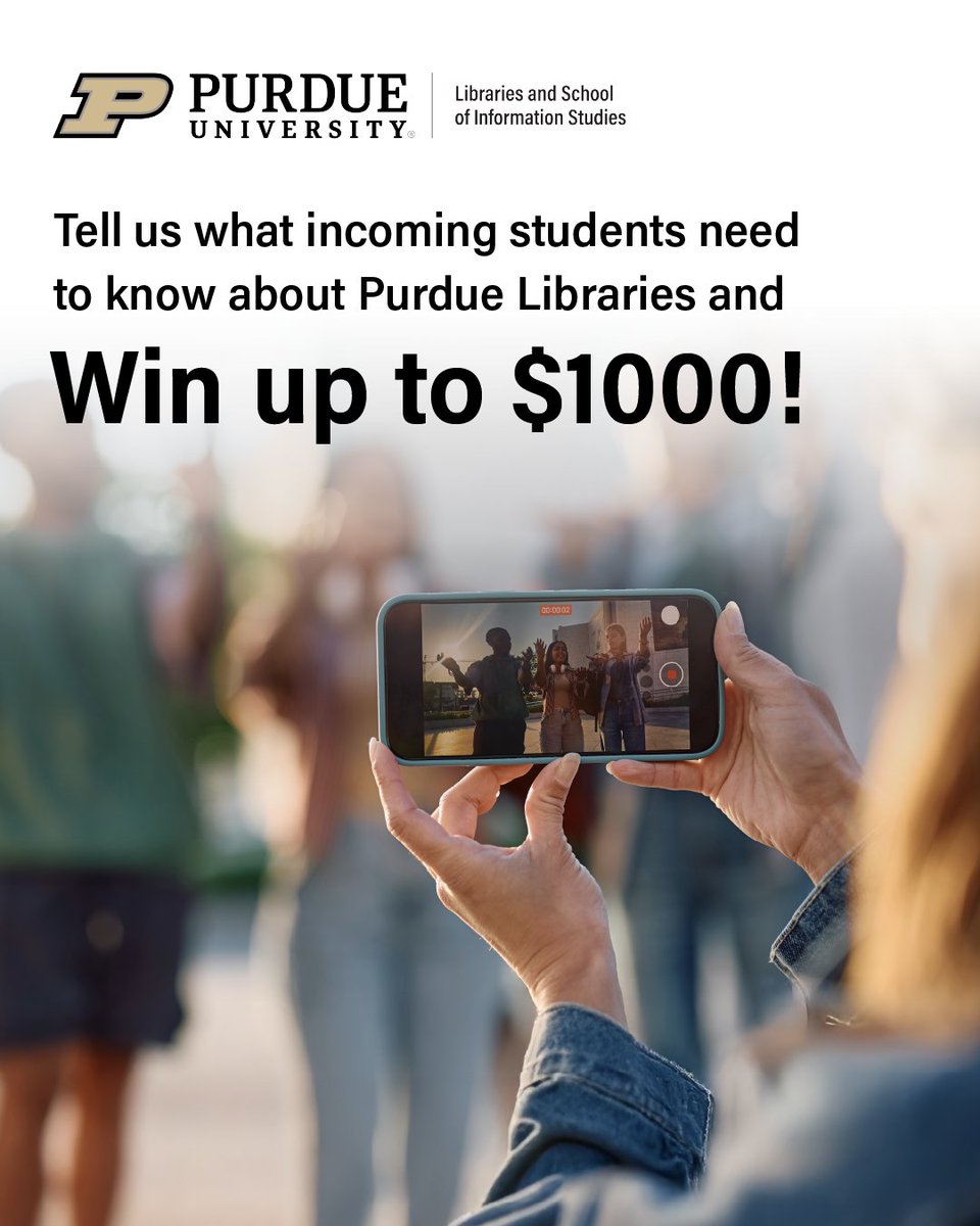 PurdueLibraries's tweet image. Purdue undergrads: Enter the Libraries Student Video Contest! Submit a 1–3 min original video on what you think incoming students must know about Purdue Libraries. Win up to $1,000. Submit by Feb 15, 2026 via Box. Details: hubs.la/Q03TlJVN0