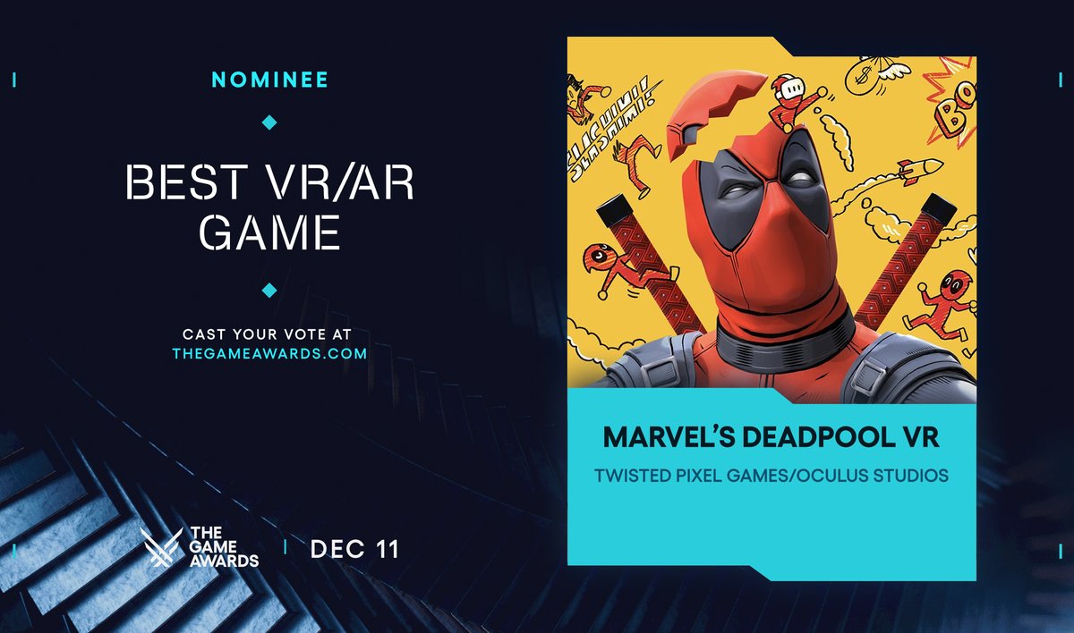 thegameawards's tweet image. @MetaQuestGaming @MarvelGames @twisted_pixel Congratulations on your Best VR/AR Game nomination! #TheGameAwards

Vote now at bit.ly/tgavote