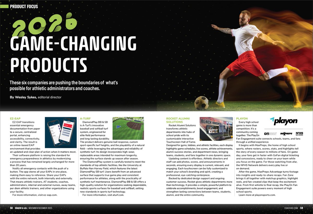 We're honored to be featured as a 2026 Game-Changing Product in the November/December edition of Coach and Athletic Director Magazine!
<a href="/coach_ad/">Coach & AD Magazine</a> coachad.com/magazine/