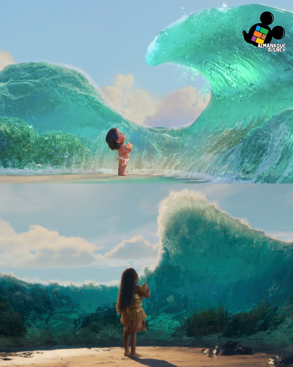 almanaquedisney's tweet image. O encontro da Moana com o oceano na animação e no live-action! 🌊