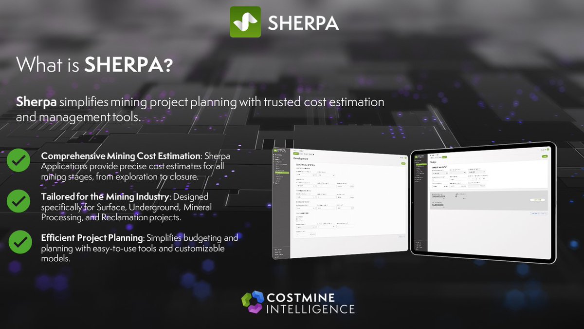 CostmineIntel's tweet image. Sherpa Applications bring clarity and control to mining project planning. From cost estimation to scenario modeling, Sherpa helps you plan with confidence.

Explore more: costmine.com/sherpa
Request a demo: costmine.com/contact

#MiningExcellence #ProjectPlanning