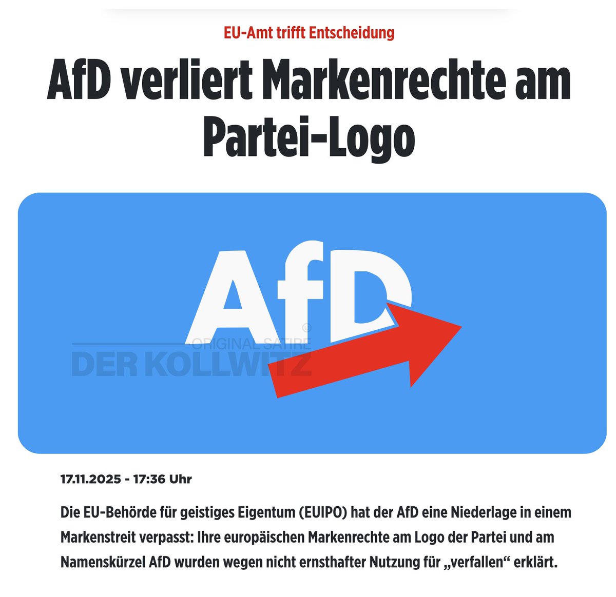 SIE VERSUCHEN ES MIT ALLEN MITTELN!!!!🤣🤣 Eine Berliner Anwaltskanzlei setzt sich beim Europäischen Markenamt dafür ein, dass die AfD die Marken­rechte an ihrem Logo u.a. auf Baby­schlaf­säcken,  Fall­schirmen, Pferde­geschirr und anderem ab­sonder­lichem Kram  verliert, meldet