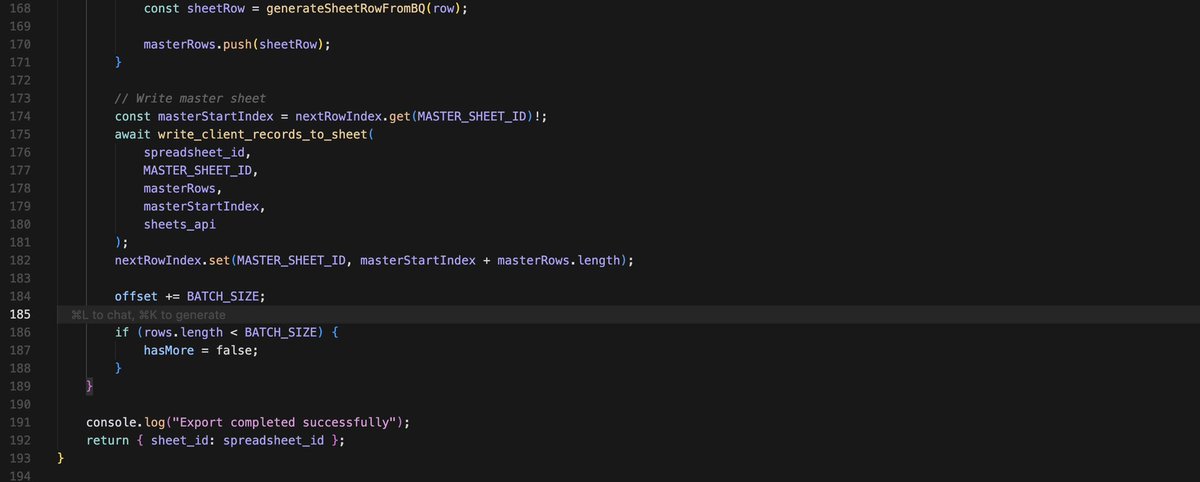 yehhmisi's tweet image. Worked on a critical memory issue in our BigQuery export pipeline. The function was loading 2600+ records into memory at once and crashing at 256MB. 

Refactored to use paginated batch processing (LIMIT/OFFSET), implemented graceful error recovery for duplicate sheet conflicts,…