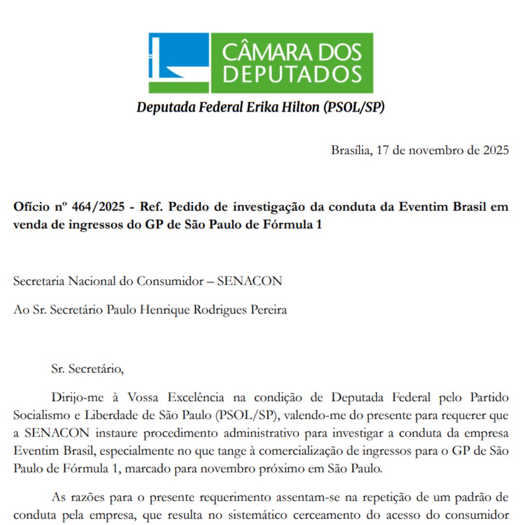 Após inúmeras reclamações e denúncias recebidas pelo meu mandato, estou solicitando que a Secretaria Nacional do Consumidor investigue a venda de ingressos para o GP de São Paulo.

Novamente, a Eventim levou o caos e a confusão por onde passou. Dessa vez, o alvo foi a Fórmula 1.