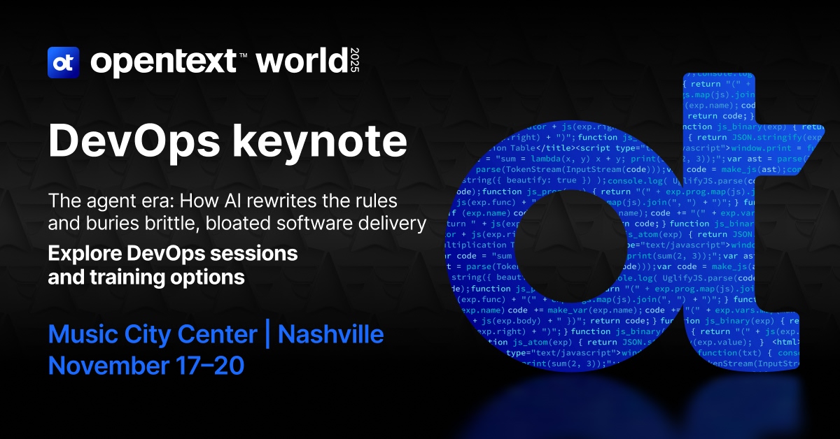 OpenTextDev's tweet image. The DevOps Cloud keynote at #OpenTextWorld is at 1 p.m. CST tomorrow. You will learn how OpenText puts #agenticAI to work generating tests, predicting defect leakage, and enforcing compliance across 250+ pipelines.. 

The full #DevOps program: bit.ly/4nI3DbC