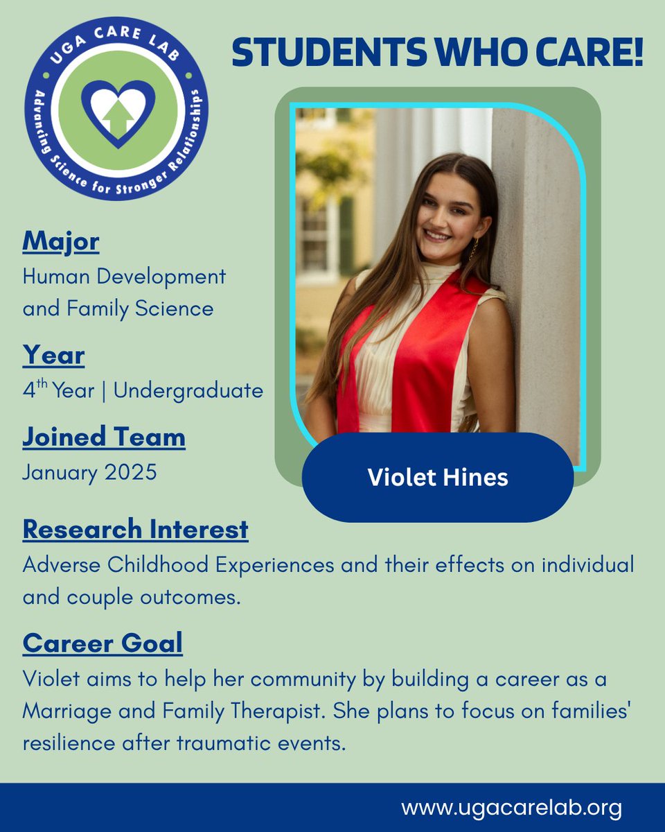 ugacarelab's tweet image. Meet Violet Hines, a 4th year undergraduate @HDFSatUGA student in @FACSUGA!

Her research focuses on Adverse Childhood Experiences, and its effects on individual and couple outcomes.

#UGACARELab #StudentsWhoCARE #RelationshipScience