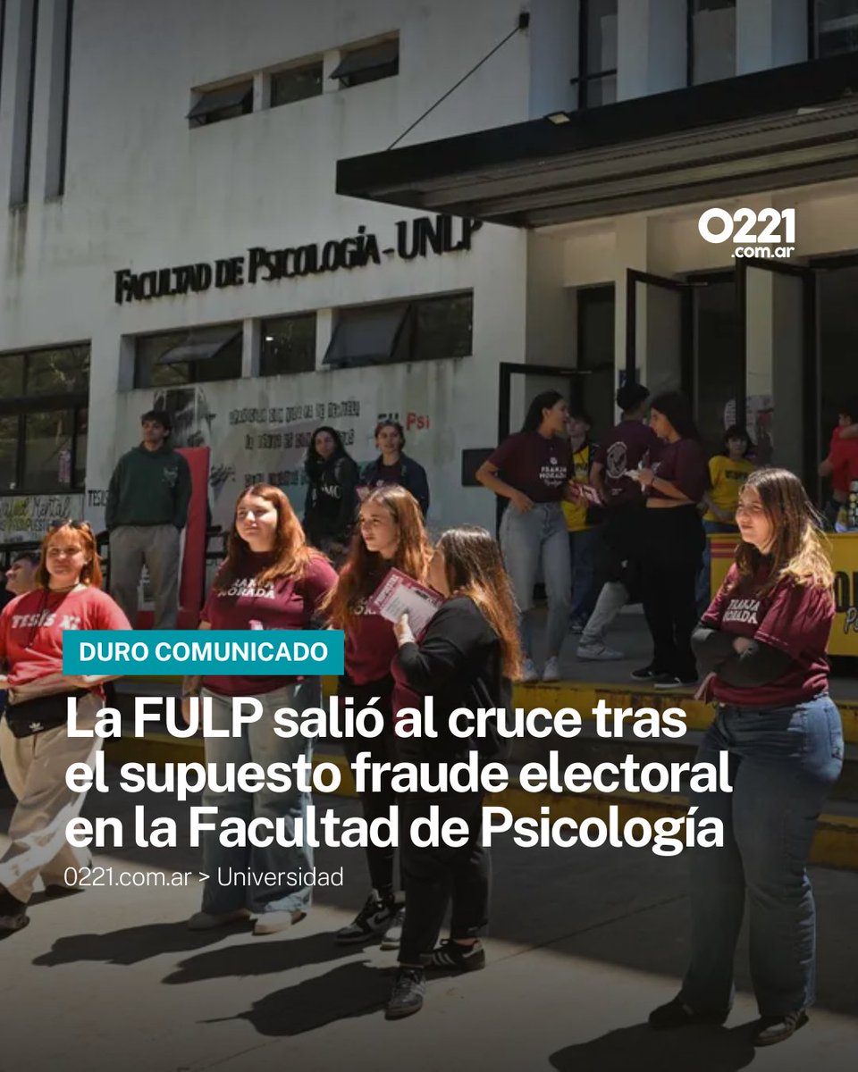 0221comar's tweet photo. ESCÁNDALO EN #PSICOLOGÍA 📣 La #FULP repudió la denuncia de fraude de #FranjaMorada y exigió respetar los resultados de las elecciones en la Facultad de Psicología de la #UNLP, donde ganó #LaJauretche con 2.373 votos contra 1.609.

⚖️ La Federación tildó el reclamo de “malicioso e irresponsable” y alertó que “no tiene antecedentes” un pedido de nulidad total como el que presentó la agrupación radical ante la Junta Electoral.

🔥 El conflicto escaló y la #UNLP deberá definir si convalida los resultados o convoca a nuevas elecciones.