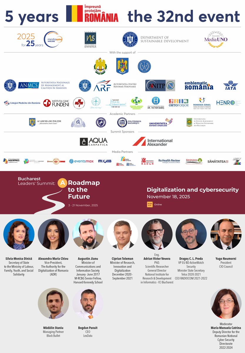 MMediauno's tweet image. #BucharestLeadersSummit: A #RoadmapToTheFuture va continua mâine dimineață de la ora 10 cu conferința #DIGITALIZARE si #SECURITATECIBERNETICĂ.
Mulțumim mult Speakerilor care ne vor onora cu participarea!
Moderator: Maria-Manuela Catrina