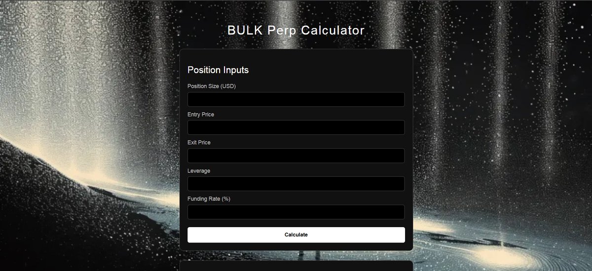 I have built a simple Perp Calculator for <a href="/bulktrade/">BULK</a>'s upcoming testnet.  

 Helps compute : 
Pnl 
funding impact 
position value 
liquidation buffer  

Trying to make tools that are useful for traders here.

<a href="/rizzy_sol/">rizzy | Goliath</a> <a href="/X_Orthodox/">orthodox 「🦑」</a>

gBulk

try now 👇
svajpayee15.github.io/bulk-trade-cal…
