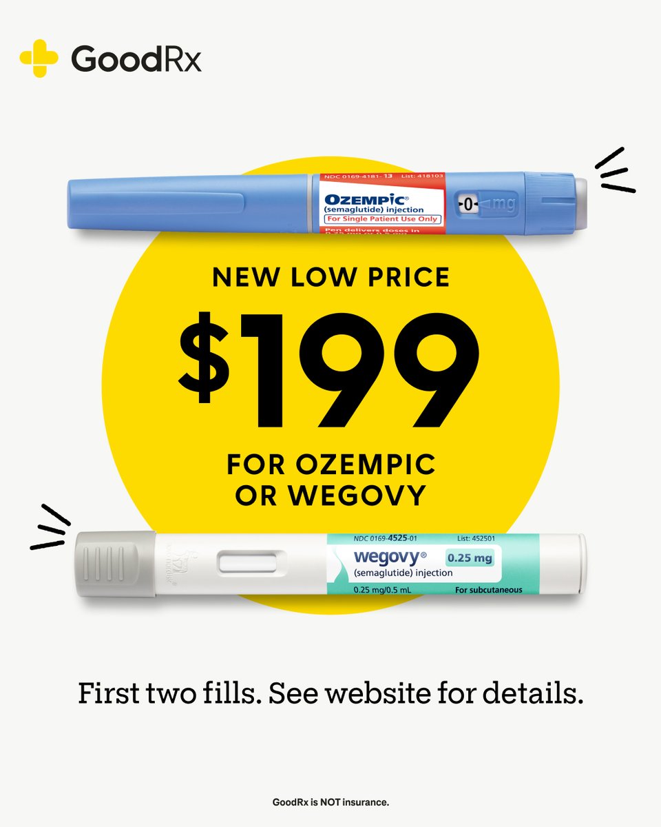 Ozempic and Wegovy are just $199 for a limited time with GoodRx. Save over  85% on each of your first two fills of .25mg or .5mg doses. Get free  coupons for your