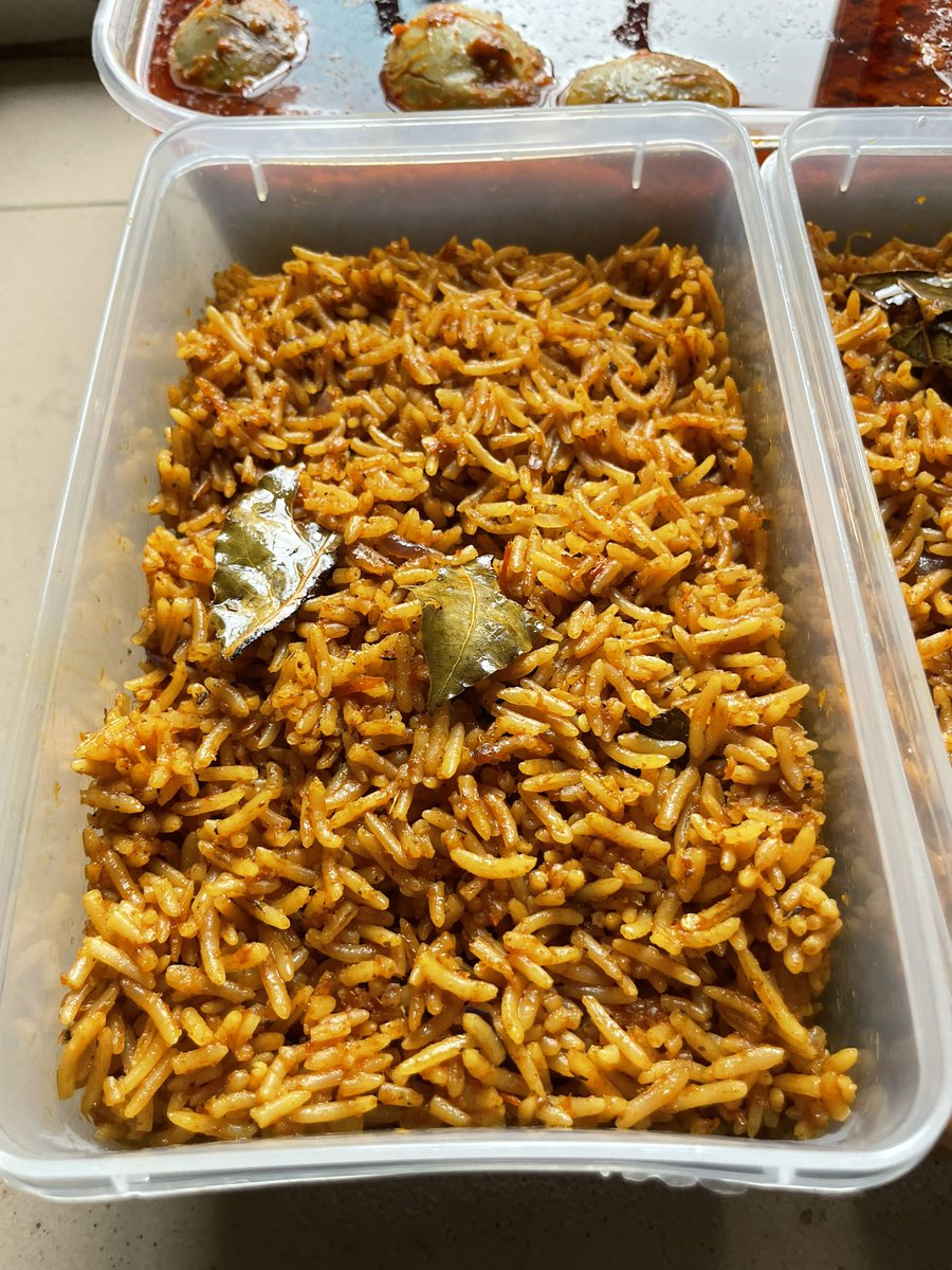 a customer’s order: five litres turkey and hard boiled egg stew, with four litres of jollof rice🤭