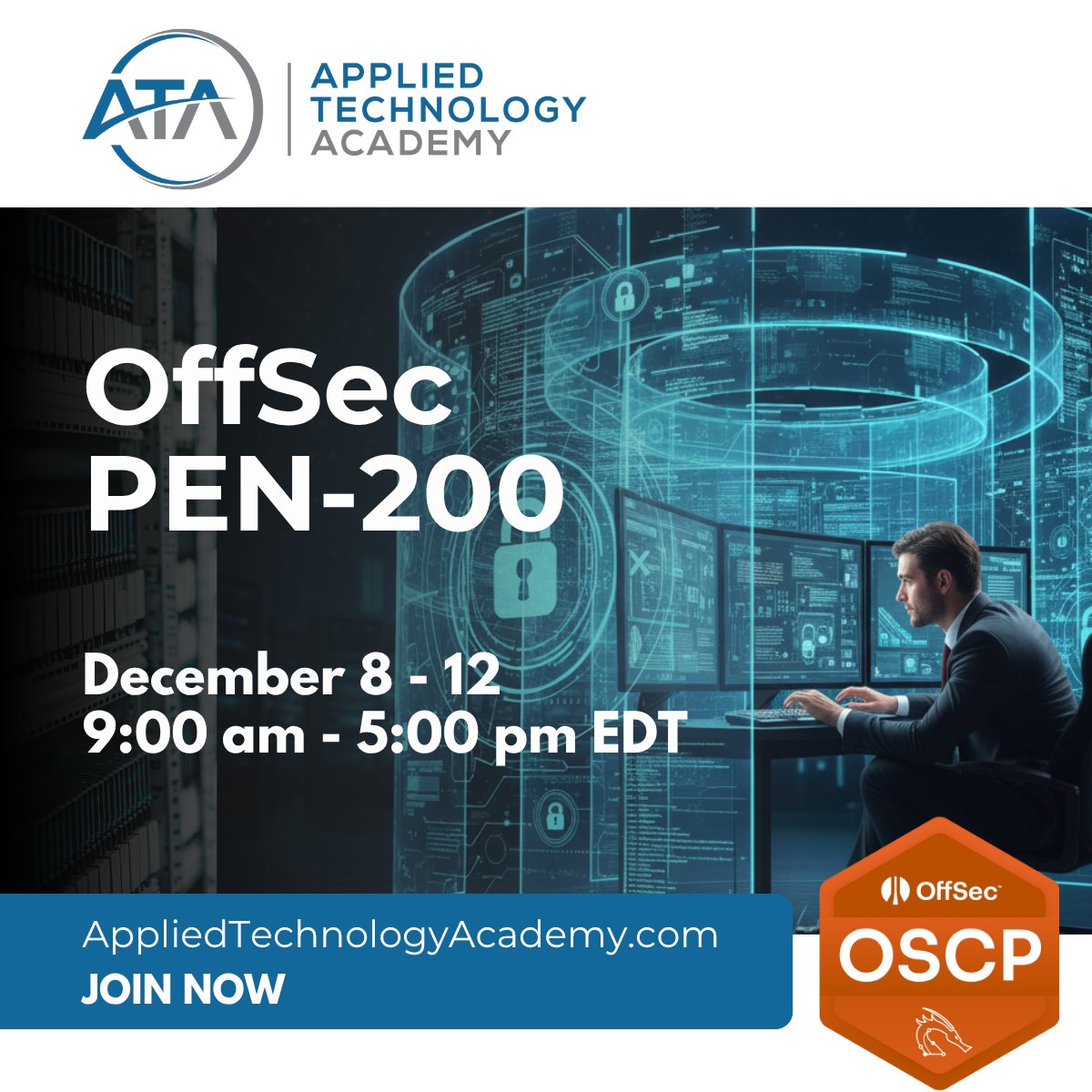 appliedtechac's tweet image. Prepare to conquer your next penetration testing challenge with our Authorized  @offsectraining  PEN-200 course! 🔓

Join Applied Technology Academy from December 8-12, 9:00 AM - 5:00 PM EDT, to build essential foundational knowledge in modern penetration testing techniques. This…