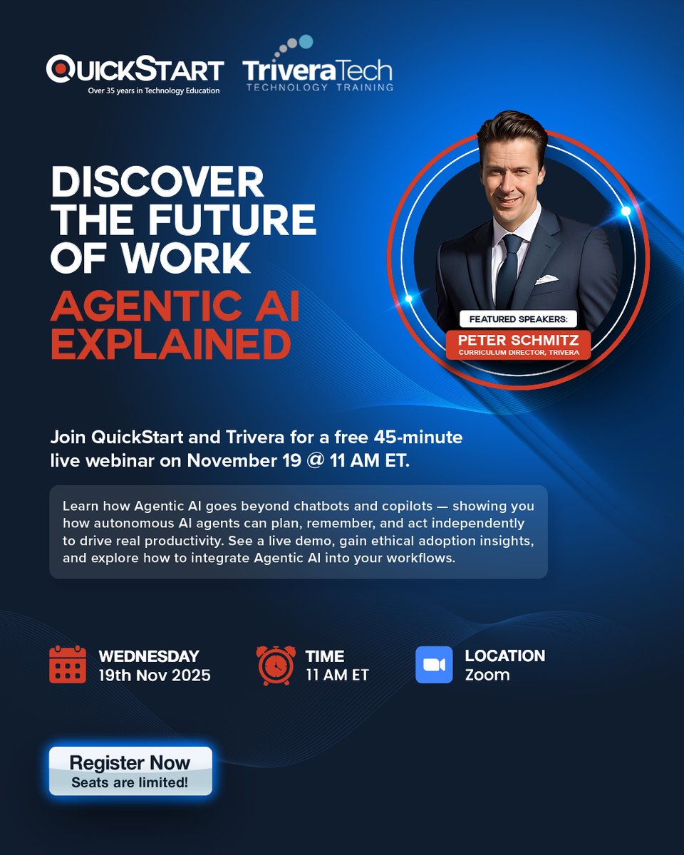 QuickStartIntel's tweet image. Agentic AI goes beyond chatbots, these AI agents can plan, remember, and execute tasks on their own. Join us Nov 19 at 11 AM ET for a free webinar with a live demo + practical tips to use Agentic AI in your workflow.

🔗Register: ow.ly/ClUK50XsY9p

#AgenticAI #TechWebinar