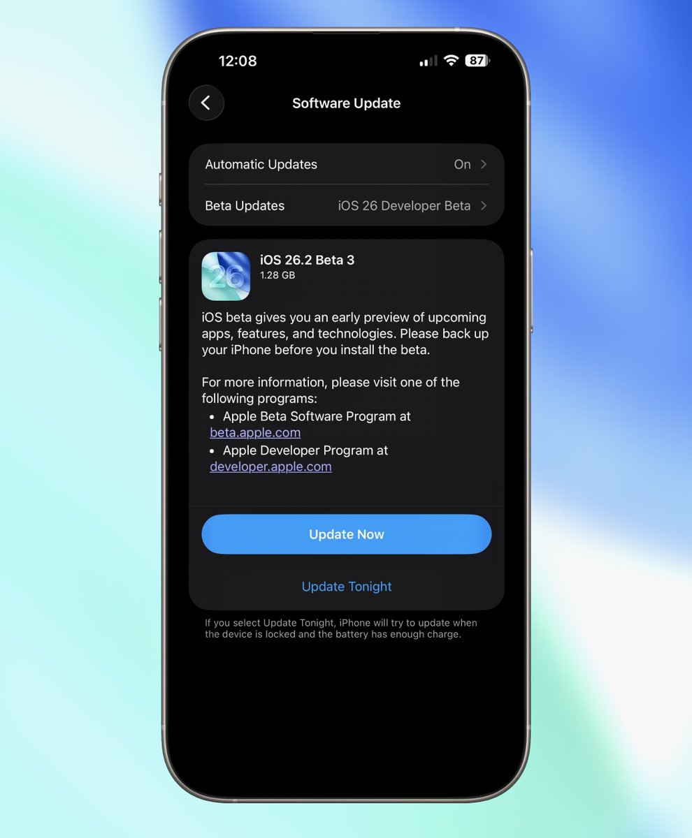 MrNobleTV's tweet image. Whoa 😳 iOS 26.2 Beta 3 is officially out 👀🔥 with Hidden tweaks, smoother animations, and a few surprises Apple didn’t mention… who’s updating right now? 📲

#iOS26 #iOS26Beta #Apple #MrNobleTV