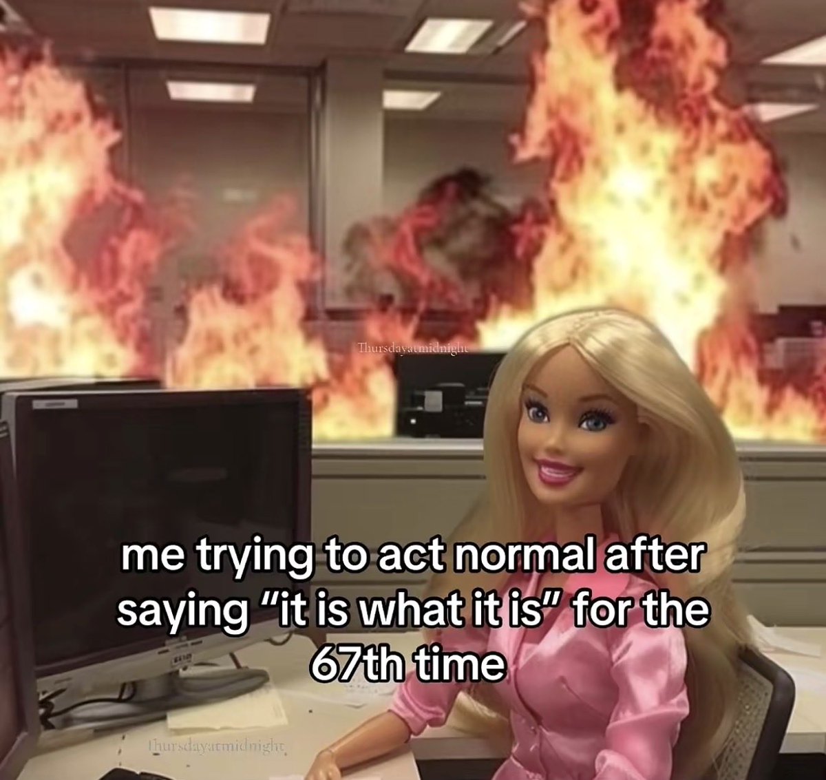 thursatmidnight's tweet image. I'm being so professional about my breakdown rn 💅
#thursdayatmidnight #midnightbarbie #barbiememes #relatable #typ