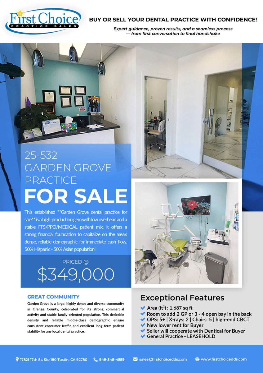 FirstChoicePS's tweet image. 🦷 Own your future in dentistry!
Established Garden Grove dental practice for sale — modern operatories, loyal patients &amp;amp; prime Orange County location. Perfect for growth‑minded dentists.

📍 Details: firstchoicedds.com/dental-office-…

First Choice Practice Sales, Inc.
949-548-4559 |…