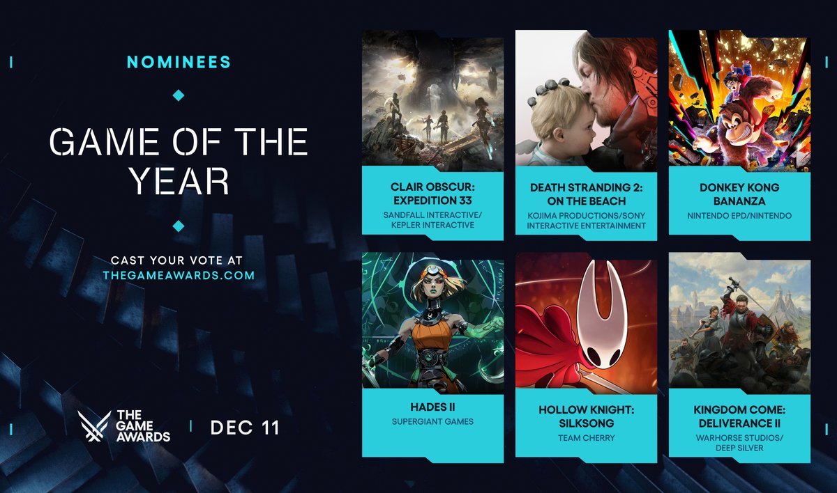 MaximeChao's tweet image. Les nominés pour les Game Awards 2025 ont été révélés, avec plusieurs catégories. Clair Obscur Expedition 33 arrive en tête avec 12 nominations, ce qui en fait le jeu le plus nommé de l’histoire des Game Awards. Sony Interactive Entertainment est l’éditeur le plus nommé avec 19…